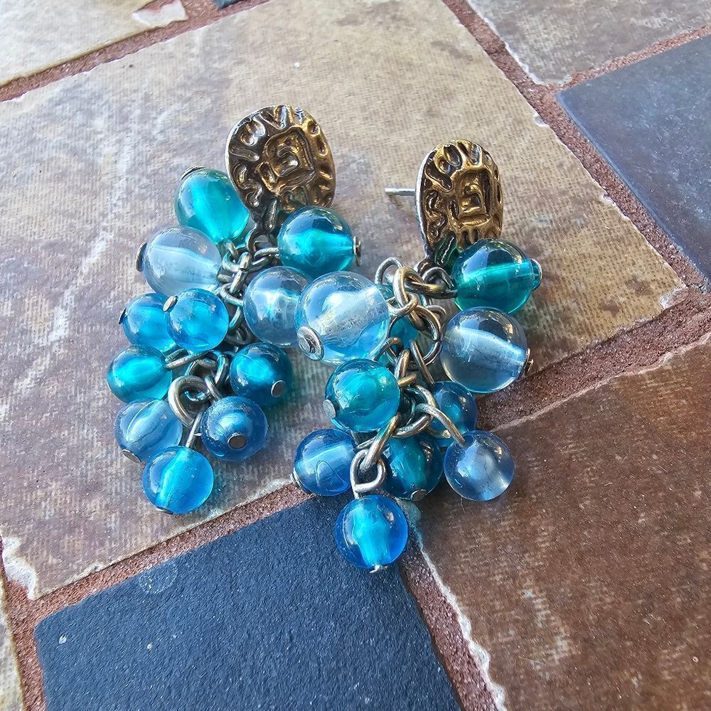 Vintage blue beaded post back dangle earrings